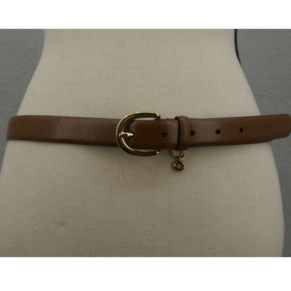 Lauren Ralph Lauren Womens Tan Brown Skinny Belt Gold Horseshoe Buckle RLL Charm